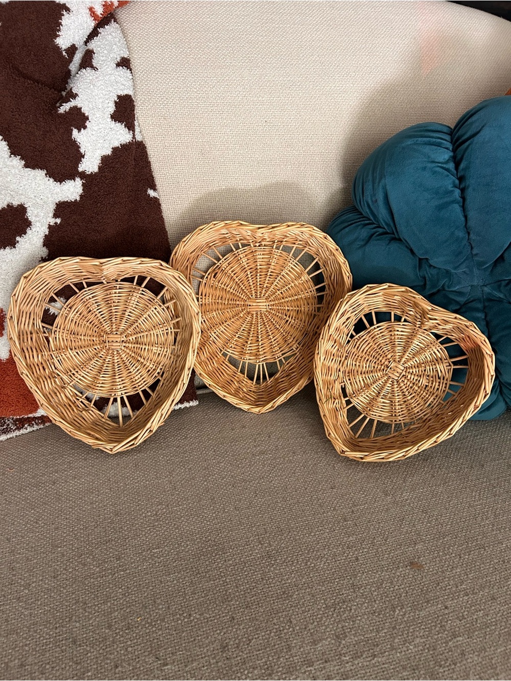 Natural Woven Heart Nesting Basket Trio - Light Brown Boho Home Decor